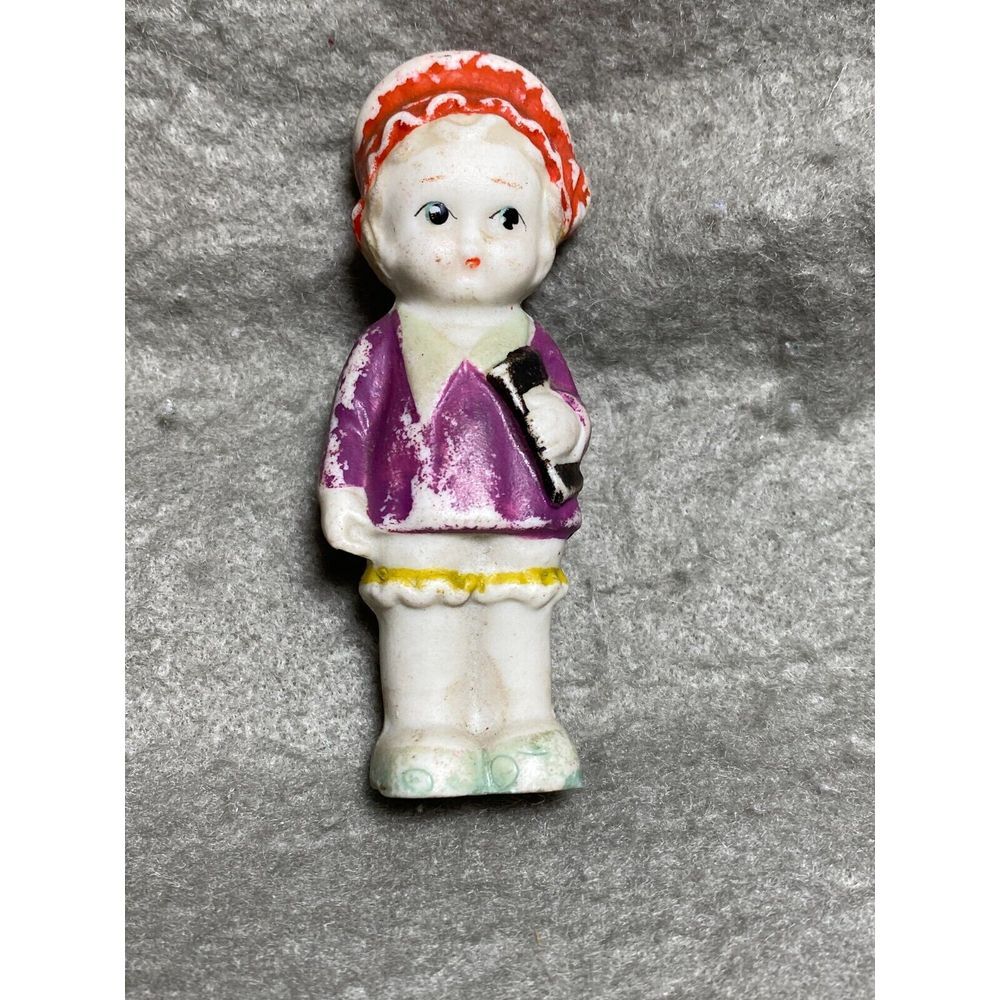 VINTAGE 3 1/2 INCH BISQUE GIRL DOLL POCKETBOOK UNDER LEFT ARM‎ PURPLE COAT